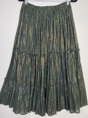 Kaiser vintage Metallic Pleated Tiered Midi Skirt Elastic Waist Shimmer Boho M